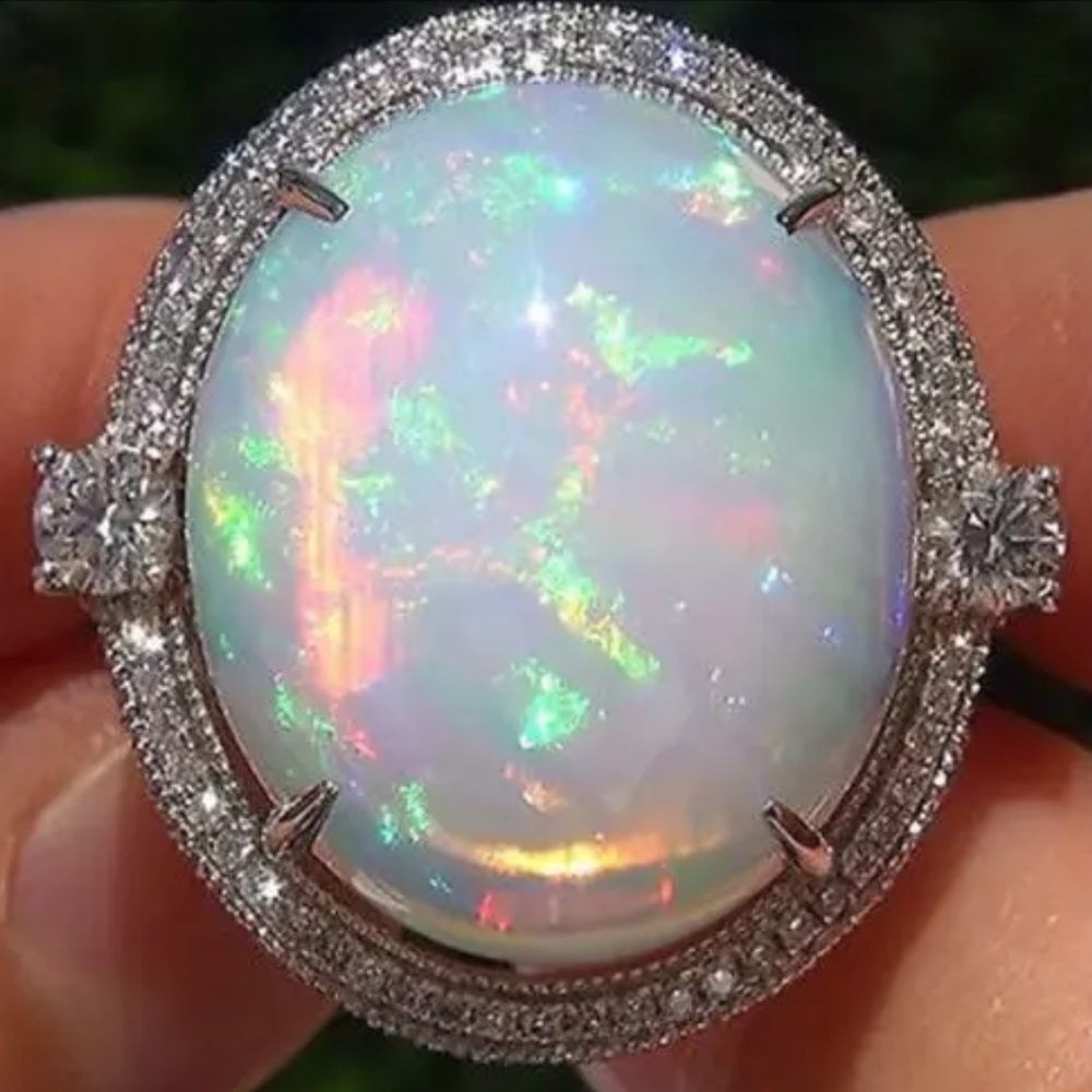 💯 NEW 925 STERLING SILVER OPAL DIAMOND RING, CUTE RING, SHINY RING.